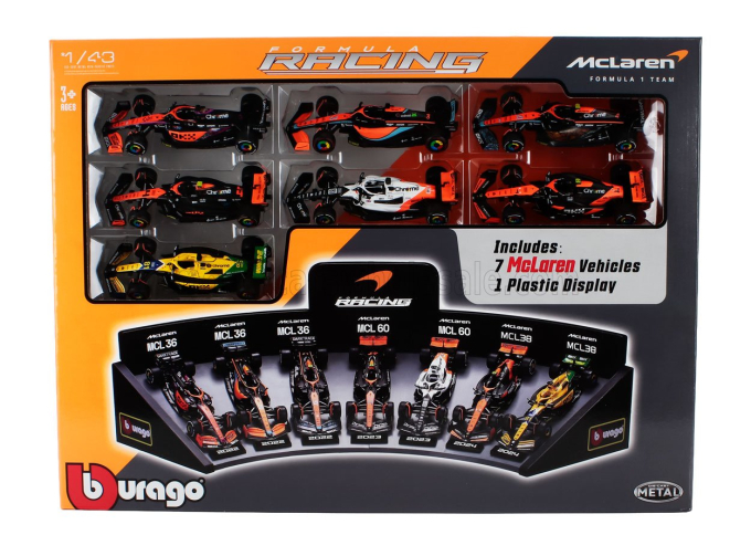 Набор из семи моделей McLAREN Set F1 7x F1 Mcl36 Team Mclaren N 4 2022 + 2x N 3 Daniel Ricciardo - Mcl60 N 4 2023 Lando Norris + N 81 Oscar Piastri - Mcl38 N 4 4th Monaco Gp 2024 Lando Norris + N 81 Oscar Piastri, Orange Black