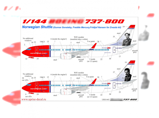 Декаль для авиалайнера 737-800 Norwegian Shuttle LN-NGG (Gunnar Sonsteby) с тех. надписями