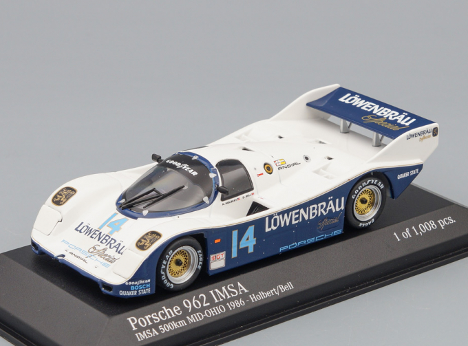 PORSCHE 962 TEAM LOWENBRAU HOLBERT RACING N 14 WINNER IMSA 500Km MID-OHIO 1986 HOLBERT - BELL, blue / white