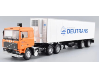 VOLVO F12 Truck With Trailer Deutrans 1980, orange / white