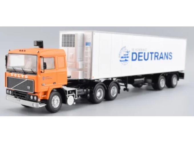 VOLVO F12 Truck With Trailer Deutrans 1980, orange / white