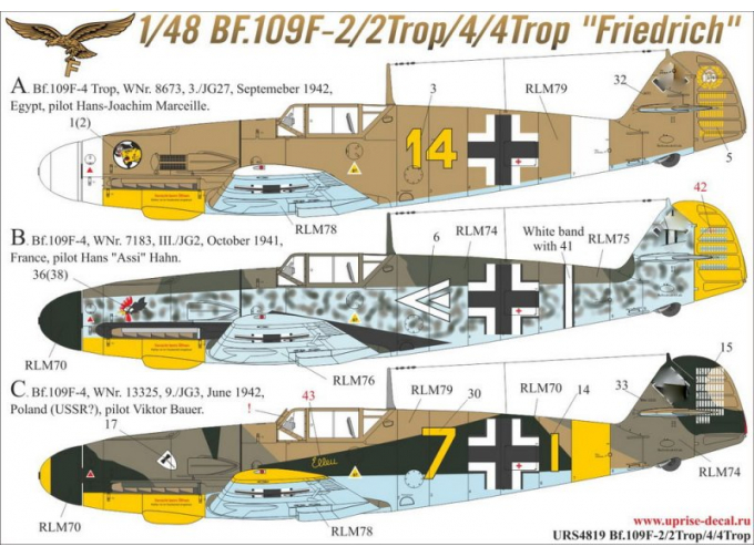 Декаль для Bf.109F-2/2 Trop/4/4 Trop без тех. надписей + маска для модели фирмы "Звезда"