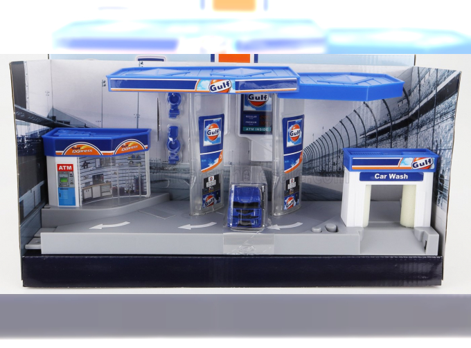 ACCESSORIES Diorama Gulf Electronic Gas Station With Tanker Truck, Blue Orange