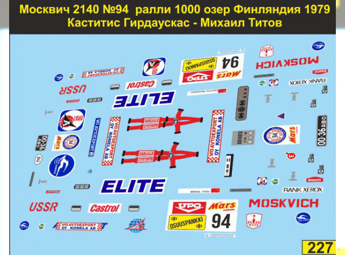 Декаль Москвич 2140 №94 Гирдаускас Титов ралли 1000 озер Финляндия 1979