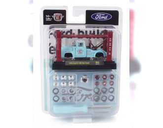 FORD F-100 Tow Truck Carro Attrezzi With Accessories (1956) - Garage Set Officina - Ponte Sollevatore Auto - Four Post Lift, Light Blue