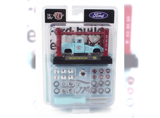 FORD F-100 Tow Truck Carro Attrezzi With Accessories (1956) - Garage Set Officina - Ponte Sollevatore Auto - Four Post Lift, Light Blue