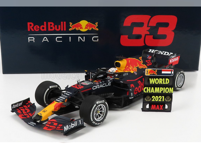 RED BULL F1 Rb16b Honda Ra620h Team Aston Martin №33 Winner Abu Dhabi Gp With Pit Board World Champion (2021) Max Verstappen, Matt Blue Yellow Red