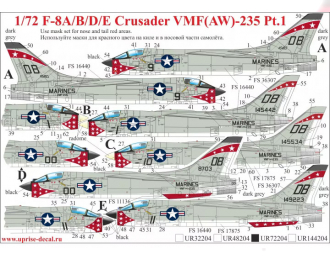 Декаль для F-8A/B/D/E Crusader VMF(AW)-235 с тех. надписями (удаляемая лаковая подложка)