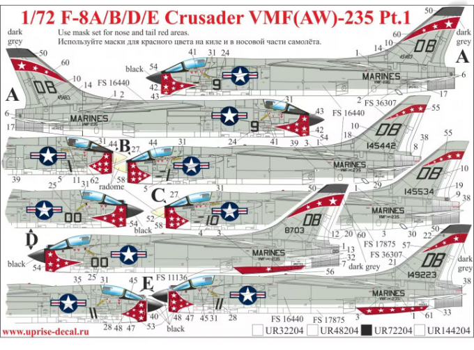 Декаль для F-8A/B/D/E Crusader VMF(AW)-235 с тех. надписями (удаляемая лаковая подложка)