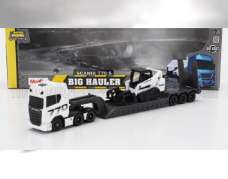 SCANIA S770 V8 Truck Pianale Trasporto Bobcat Ruspa Cingolato With Front Loader Grapple, White Black