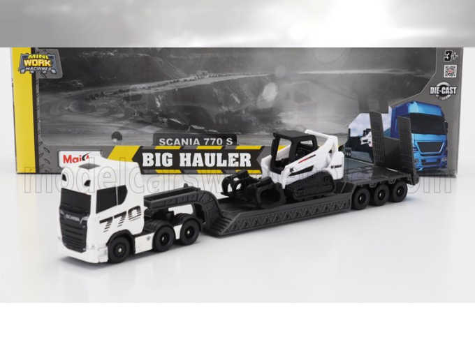 SCANIA S770 V8 Truck Pianale Trasporto Bobcat Ruspa Cingolato With Front Loader Grapple, White Black