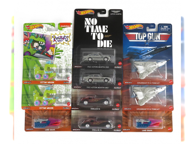 ASTON MARTIN Set Assortment 10 Pieces - 2x Db5 1963 007 James Bond No Time To Die - 2x Cruella De Vil - 2x Grumman F-14 Tomcat Airplane Top Gun - 2x Reptar Wagon - 2x Land Shark, Various