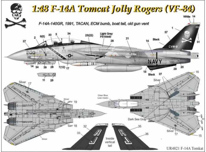 Декаль для F-14A Tomcat VF-84 Jolly Rogers Low-Viz, с тех. надписями