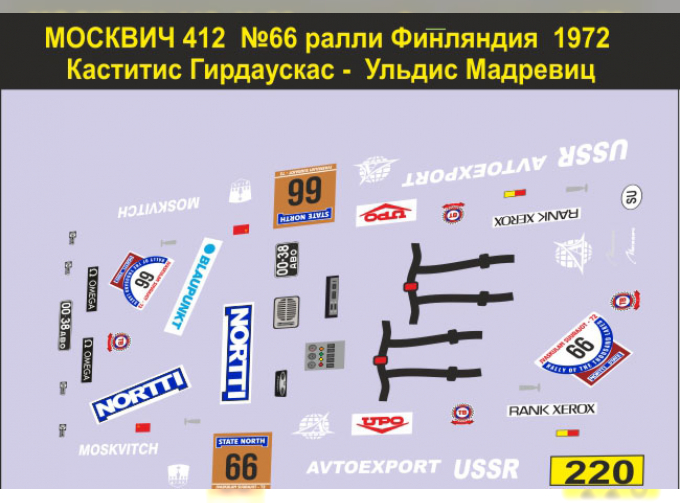 Декаль Москвич 412 №66 Гирдаускас Мадревиц ралли 1000 озер Финляндия 1972