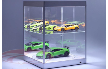 Витрина со светодиодной подсветкой, зеркалом и вращающимся подиумом для модели в масштабе 1:18, серебристая