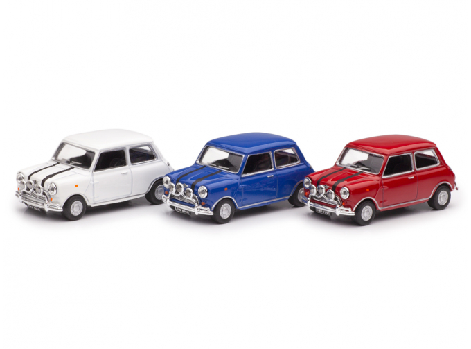 Набор из 3х Mini Cooper из оригинального фильма Ограбление по-итальянски (The Italian Job) белый, синий и красный