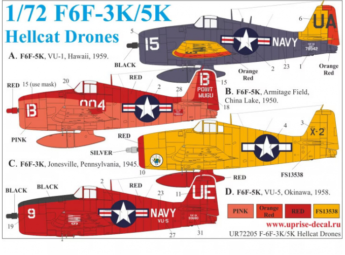 Декаль для F6F-3K/5K Hellcat Drones с тех. надписями (удаляемая лаковая подложка)