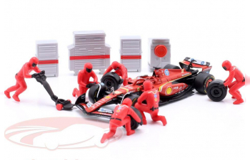 FERRARI F1 Sf-24 Diorama Garage Pit-stop Team Scuderia Ferrari №16 Season (2024) Charles Leclerc With Crew Figure And Accessories, Red Black