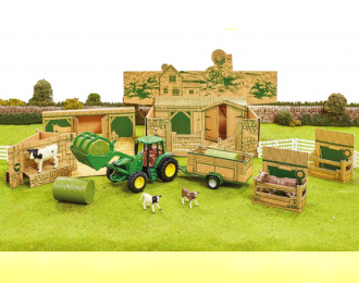 ACCESSORIES Diorama Farm Building With Tractor John Deere And Trailer, Green Yellow