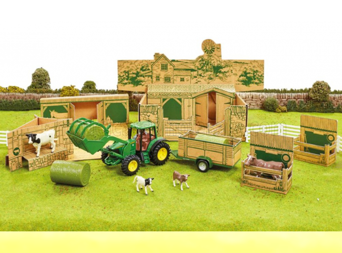 ACCESSORIES Diorama Farm Building With Tractor John Deere And Trailer, Green Yellow