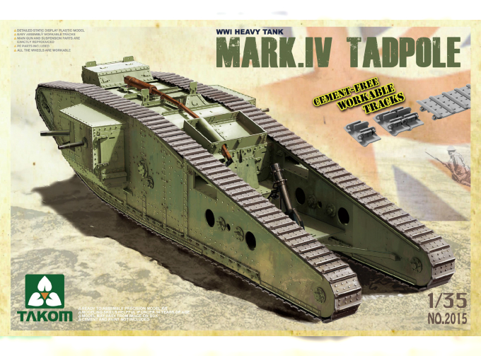 Сборная модель WWI Heavy Battle Tank Mk.IV Male Tadpole Workable track & wheels; 2 decal options.