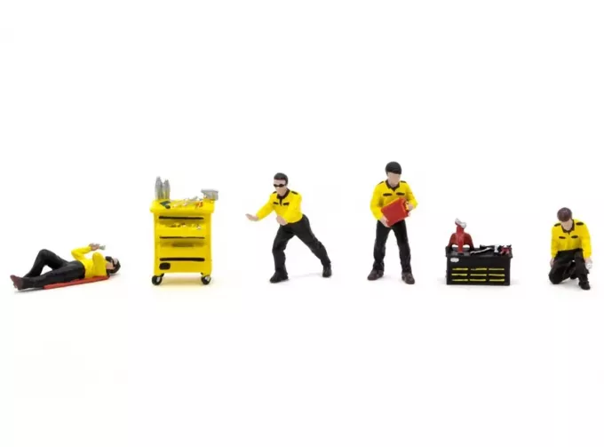 FIGURES Set 6x Garage Officina Mooneyes Meccanici - Mechanics, Yellow Black