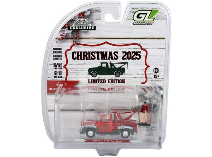 FORD F-100 Tow Truck with Mechanic Figure* Christmas 2025 Limited Edition* (1956), red / white / green