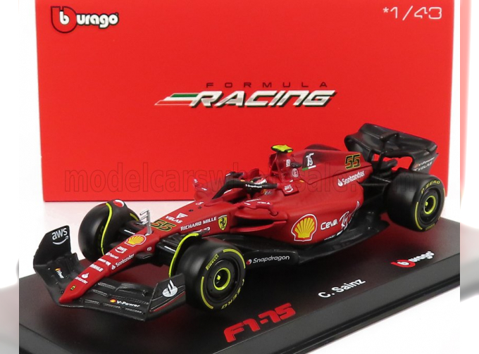 FERRARI F1-75 Scuderia Ferrari №55 Season (2022) Carlos Sainz With Helmet And Plastic Showcase - Exclusive Carmodel, Red