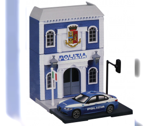 ACCESSORIES Diorama - Set Build Your City Police Station - Caserma Polizia - With Alfa Romeo Giulia (2015), Light Blue White