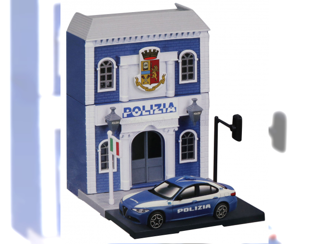 ACCESSORIES Diorama - Set Build Your City Police Station - Caserma Polizia - With Alfa Romeo Giulia (2015), Light Blue White