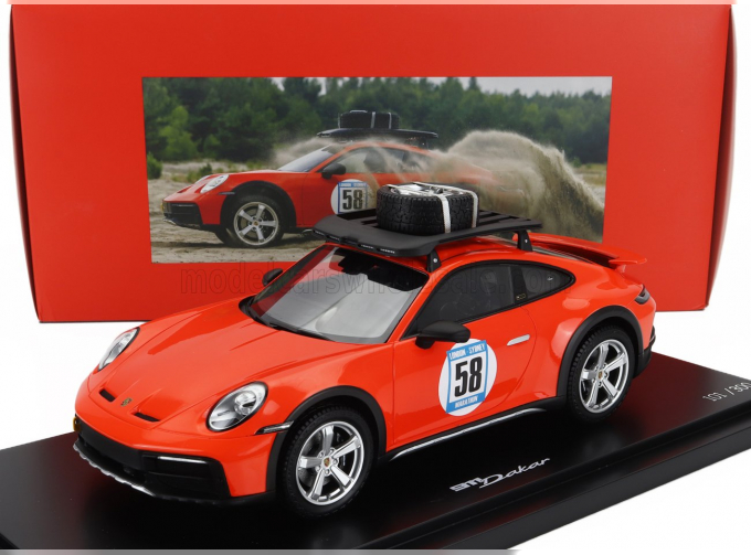 PORSCHE 911 992 №58 Rally Dakar Red 58 Special With Pack Roof (2023) - Con Vetrina - With Showcase, Blood Orange