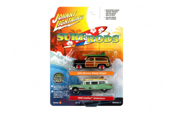 MERCURY Woody Wagon (1950), black + CADILLAC Ambulance (1959), light green