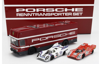 MERCEDES-BENZ Set 3x O317 Truck Car Renntransporter (1968) + Porsche 917k 4.9l Team Martini Racing №22 Winner 24h Le Mans (1971) Helmut Marko - Gijs Van Lennep + Team Salzburg N 23 Winner 24h Le Mans 1970 Hans Herrmann - Richard Attwood + Figures