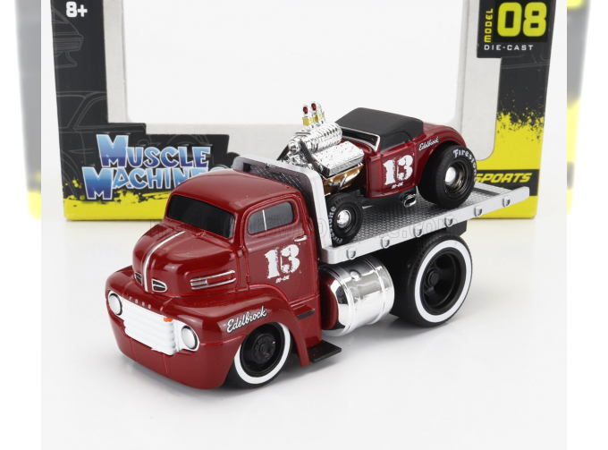 FORD Coe Flatbed Truck Car Transporter (1965) With Roadster №13 Custom (1932), Red Met