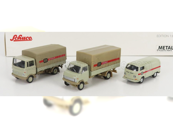 VOLKSWAGEN Set 3x Stuckgut T2 Van - Hanomag F55 Truck - Mercedes Benz Lp608 Truck, Grey Beige