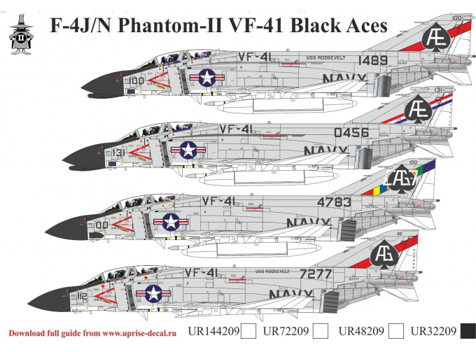 Декаль F-4N/J Phantom-II VF-41 Black Aces, без тех. надписей, FFA (удаляемая лаковая подложка)