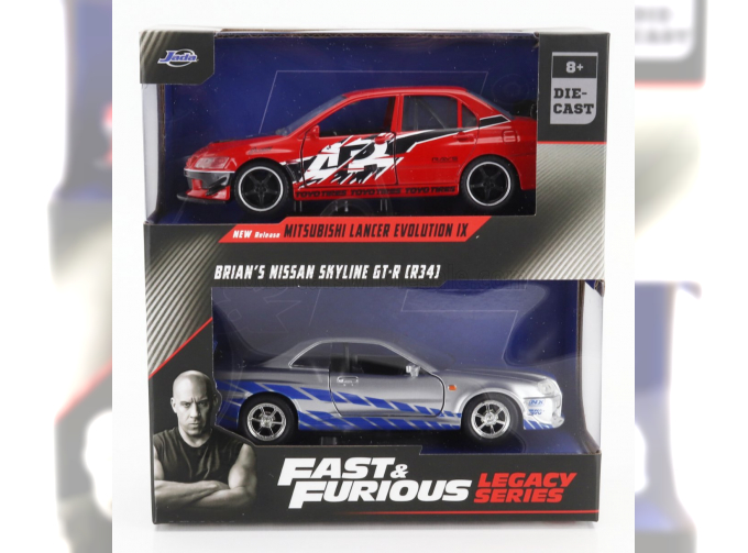 NISSAN Set 2x Fast & Furious - Skyline Gt-r (2002) - Mitsubishi Lancer Evolution Ix (2006), Red Silver Blue