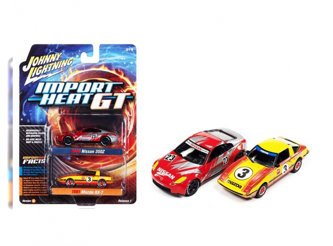 NISSAN 350Z #57 (2006), red/silver, MAZDA RX-7 #13 (1981), yellow/red/orange