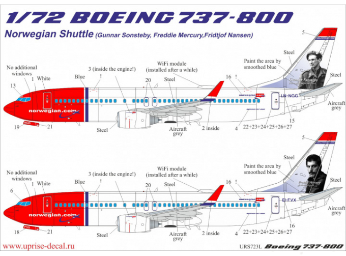 Декаль для 737-800 Norwegian Shuttle LN-NGG/EL-FVX/LN-DYF (Sonsteby/Mercury/Nansen) с тех. надписями FFA (удаляемая лаковая подложка)