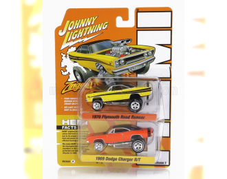 PLYMOUTH Set 2x Dragster Road Runner (1970) + Dodge Charger R/t (1969), Yellow Black Orange