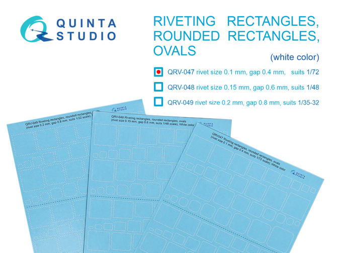 Декаль Клепочные ряды: прямоугольники и овалы (размер клепки 0. 10 mm, интервал 0.4 mm, масштаб ), белые