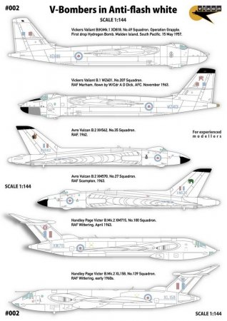 Декаль V-Bombers in Anti-flash white. Vickers Valiant, Avro Vulcan, Handley-Page Victor. 6 Markings