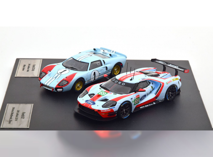 FORD Set 2x Gt Ford Ecoboost 3.5l Turbo V6 Team Ford Chip Ganassi Usa №69 5th Lmgte Pro Class 24h Le Mans (2019) R.Briscoe - S.Dixon - R.Westbrook + Gt40 Mk 7.0l V8 Team Shelby American Inc. №1 2nd (but Really Winner) 24h Le Mans (1966) K.Miles - D.Hulme, Light Blue Red