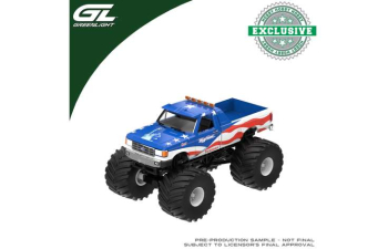 FORD F-250 Truck USA 250 Tribute with 1/18 Bob Chandler Standing Figure, *Kings of Crunch-Bigfoot #5* (1996), blue / white / red