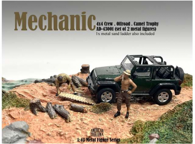 FIGURES SET 1 - 2X MAN MECHANICS CREW 4x4 OFFROAD CAMEL TROPHY, BEIGE BROWN