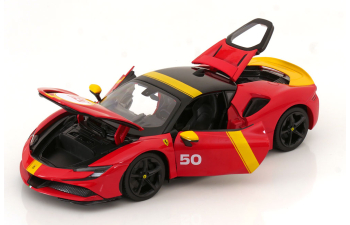 FERRARI Sf90 Stradale Hybrid 1000hp №50 24h Le Mans Livery - Con Vetrina - With Showcase - Exclusive Carmodel, Red Yellow