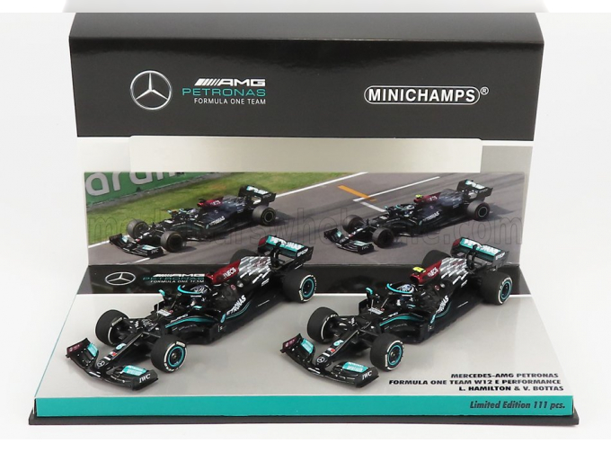 MERCEDES GP F1 Set 2x W12 Mercedes M12 Eq Power+ Team Amg Petronas Motorsport Formula One N 44 Season 2021 Lewis Hamilton + N 77 Season 2021 Valtteri Bottas, Black Green