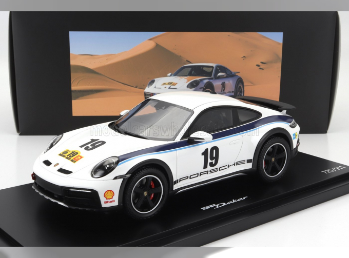 PORSCHE 911 992 Coupe №19 Rally Dakar Design (2022) - Con Vetrina - With Showcase, White Blue