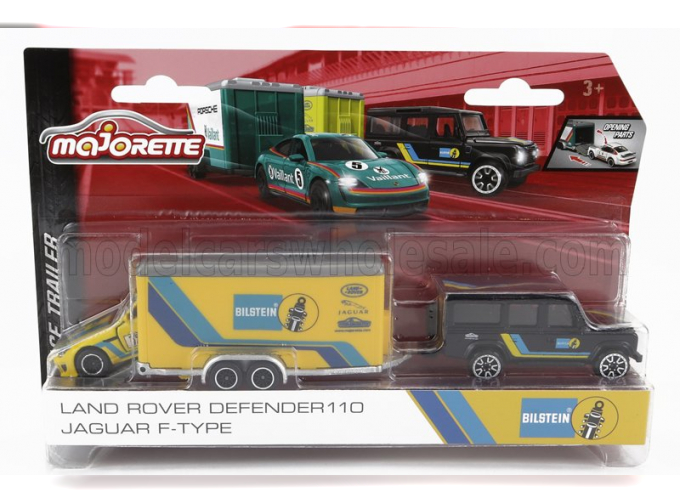 LAND ROVER Defender 110 With Trailer Car Transporter + Jaguar F-type Team Bilstein N97 Racing (2015), Black Yellow Blue