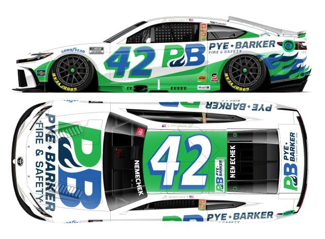 Toyota Camry XSE #42 John Hunter Nemechek *PYE-BARKER Fire & Safety*, white/green/blue 2025